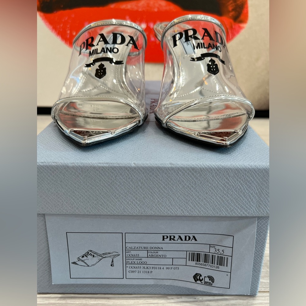 PRADA Logo-print Plexiglas high-heel slides EU:35.5 - Picture 4 of 12